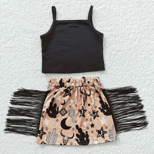 kids strap black top fringe skirt girl outfit