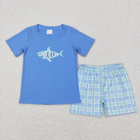 little boy blue shark embroidery shorts set