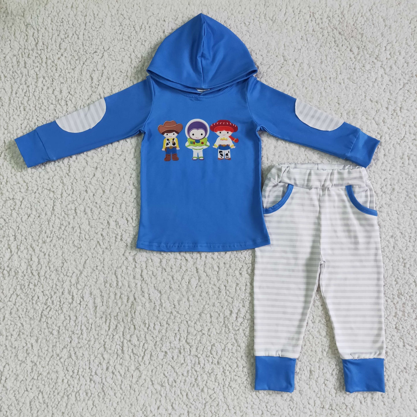 cartoon print blue hoodie stripes jogger outfit