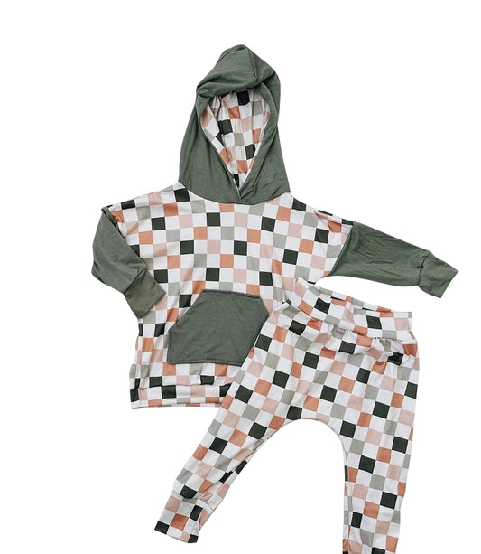 pre order western boy green checkered hoodie outfit with pocket