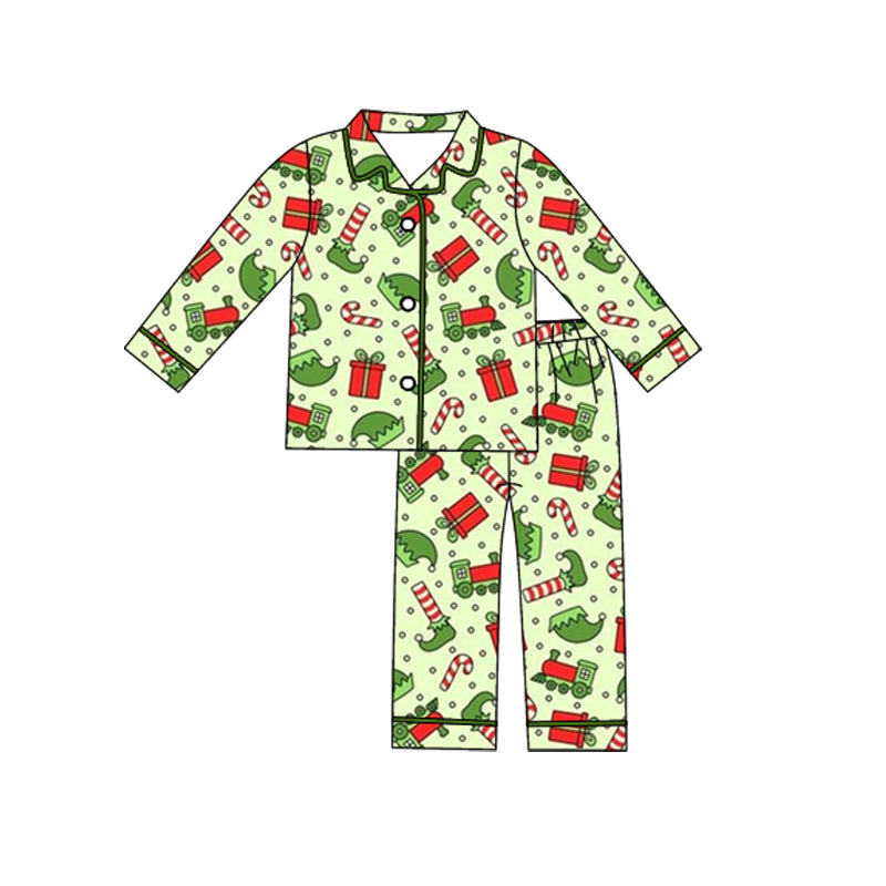 Pre order green elf button down pajama set boy