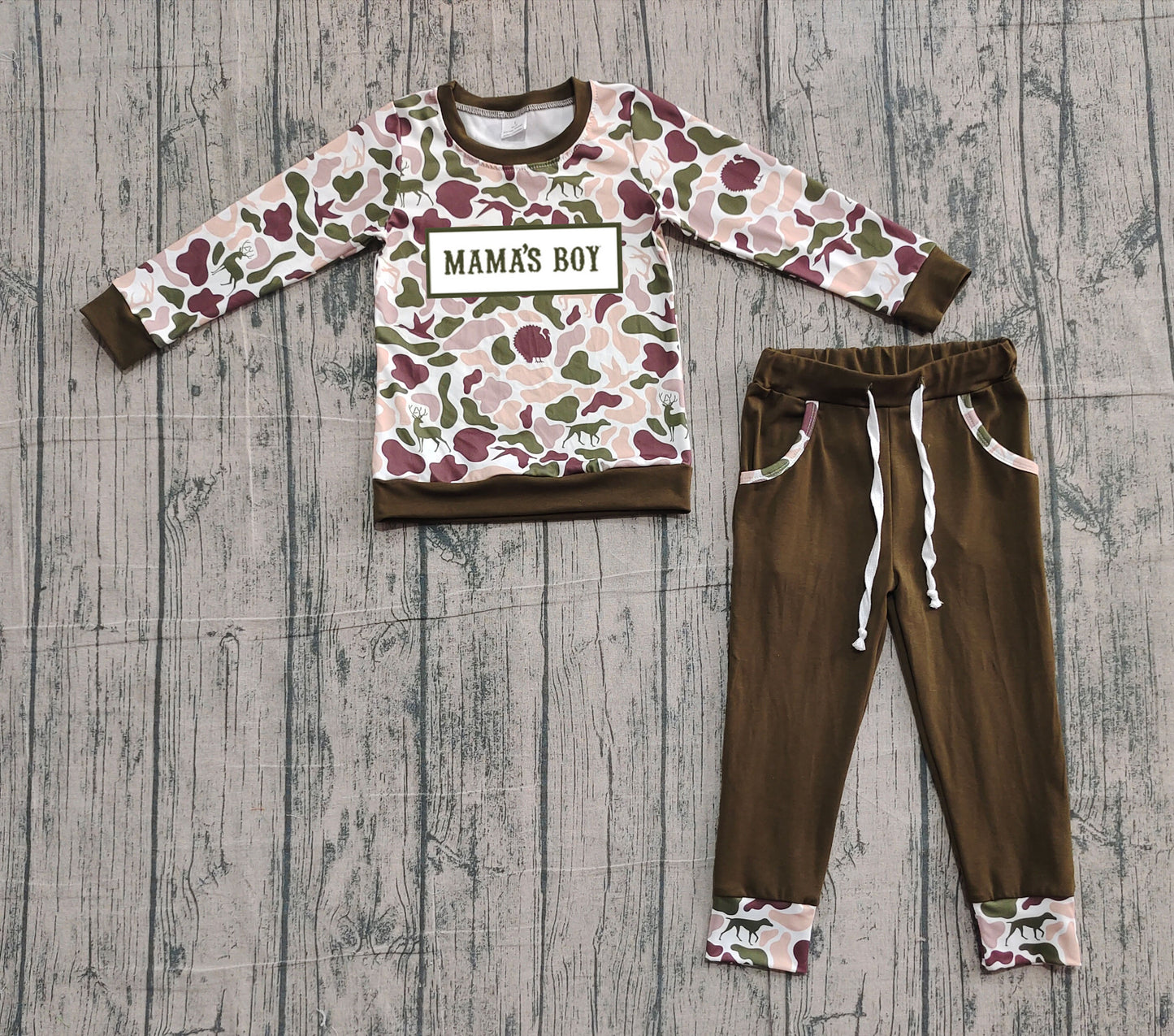pre order mama's boy camo jogger set (do embroidery)