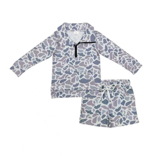 long sleeve camo zipper pullover and shorts outfit boy clothing