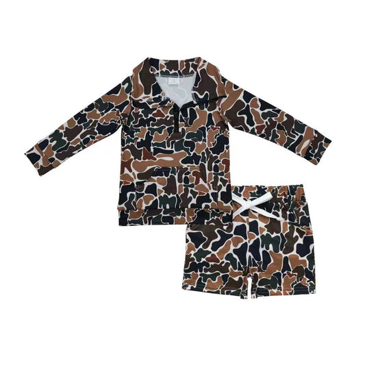 long sleeve camo zipper pullover and shorts outfit boy clothing
