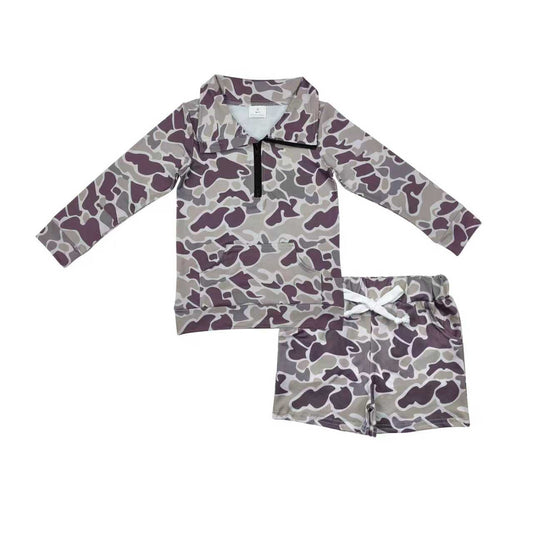 long sleeve camo zipper pullover and shorts outfit boy clothing