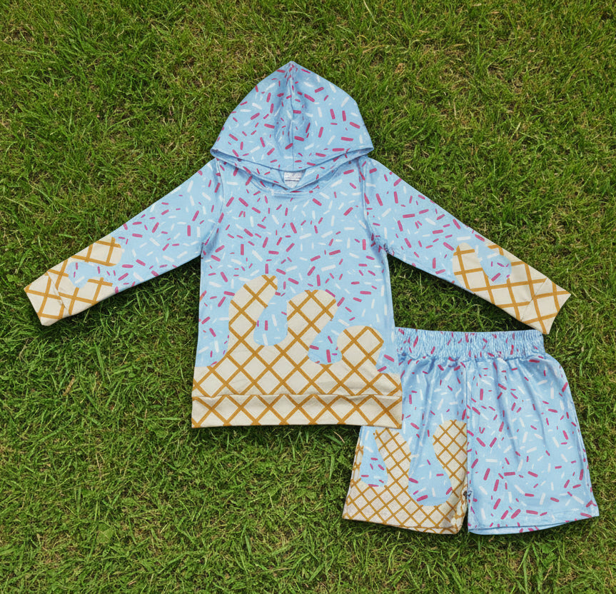 long sleeve blue ice cream sprinkle hoodie top shorts outfit