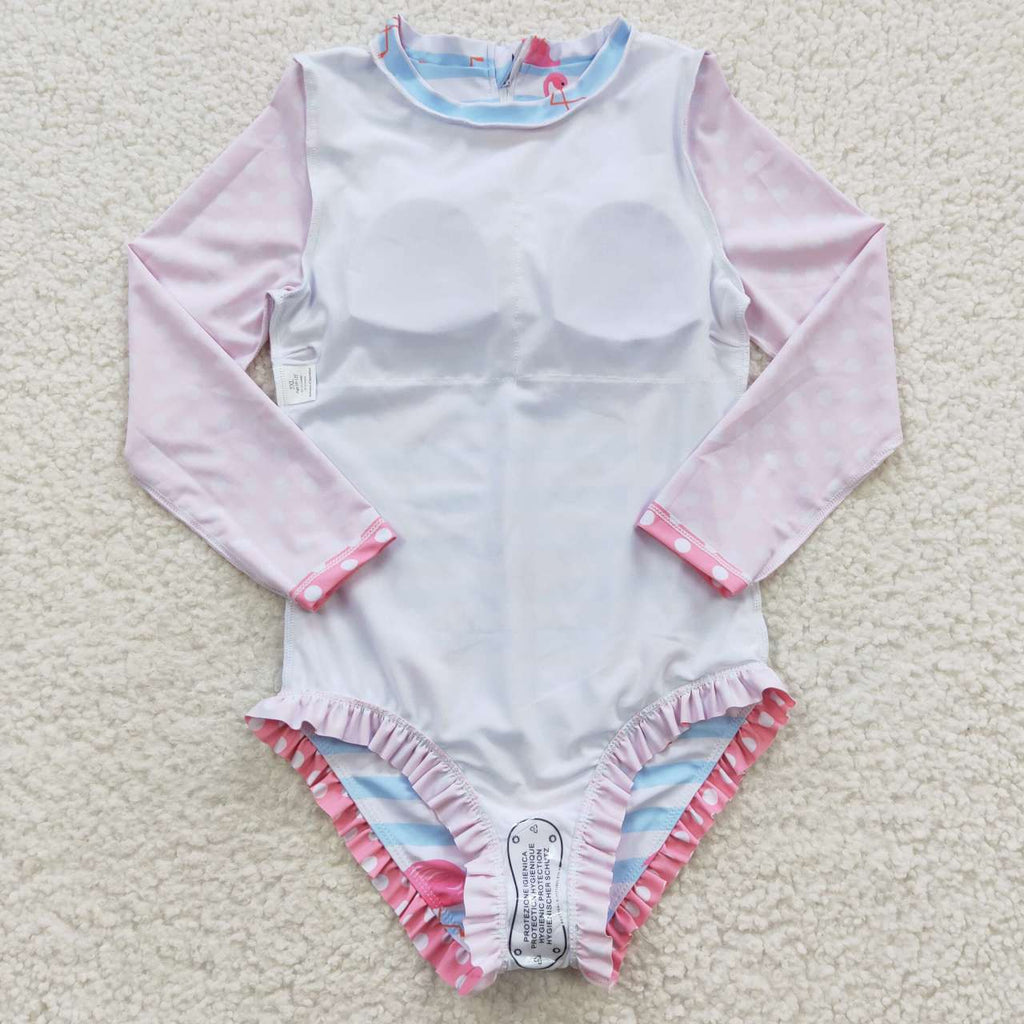 kids little girl pink flamingo rash guard swimsuit