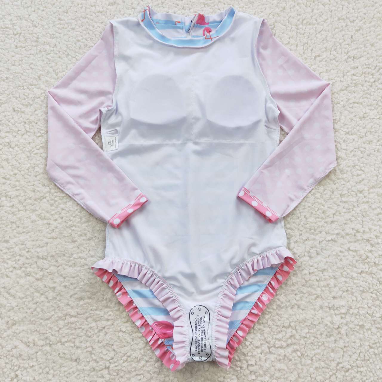 kids little girl pink flamingo rash guard swimsuit