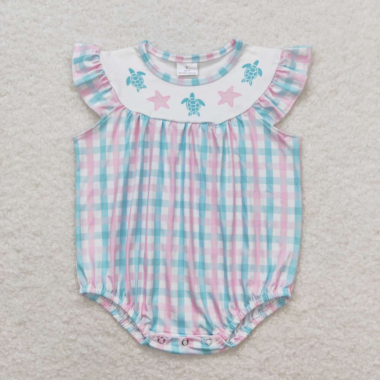 beach pink blue plaid starfish turtle bodysuit romper