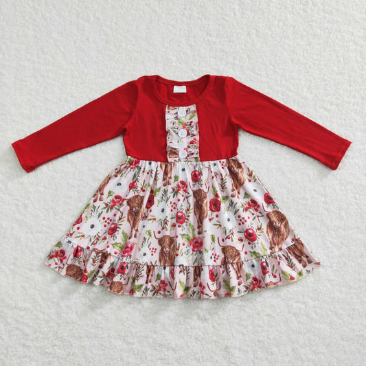 red long sleeve christmas highland cow ruffle dress