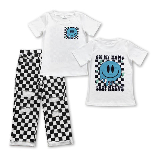 2pcs t-shirt checkered denim pants set