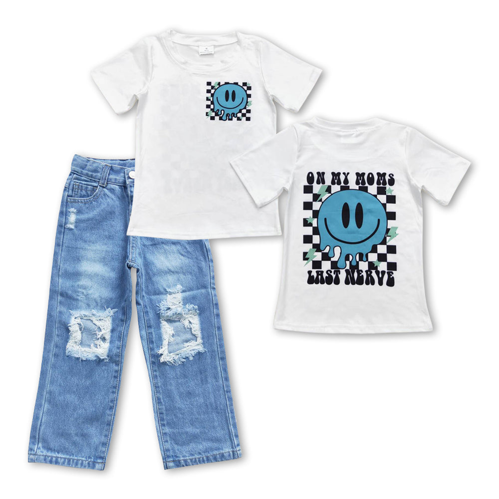 2pcs t-shirt blue hole denim pants set