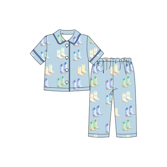 Pre order blue boots print button down pajama set