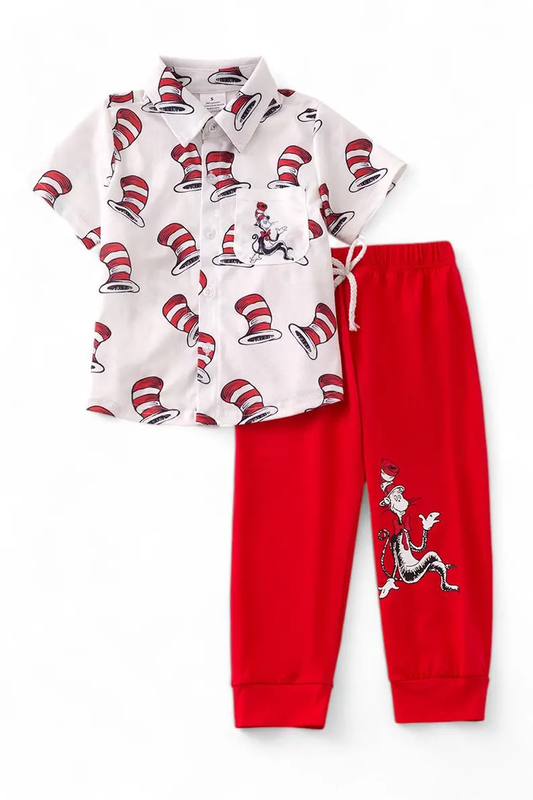 pre order cat in hat button shirt pants set