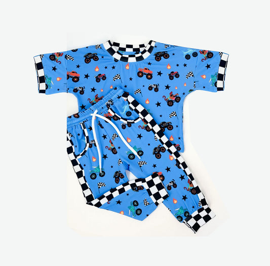 pre order blue monster truck short sleeve outfit