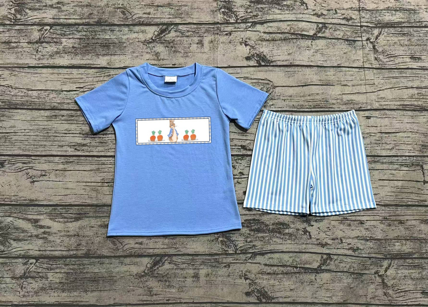 pre order carrot bunny baby boy easter shorts set blue (do embroidery)