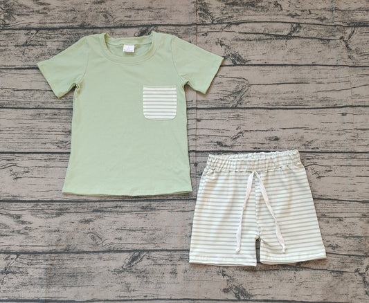 pre order summer boy pocket green stripe shorts set