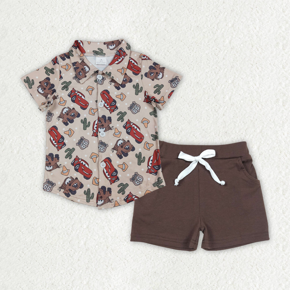 button cartoon car shirt pocket shorts set
