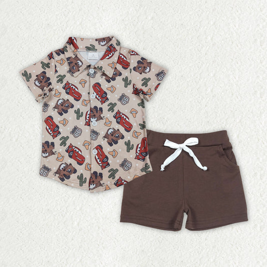 button cartoon car shirt pocket shorts set