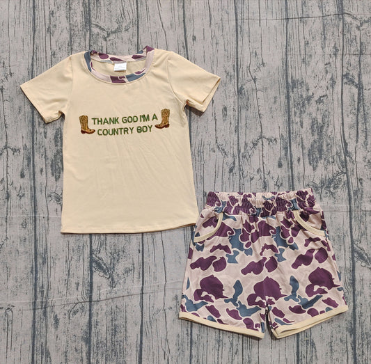 pre order thanks god i'm a country boy camo shorts set (do embroidery)