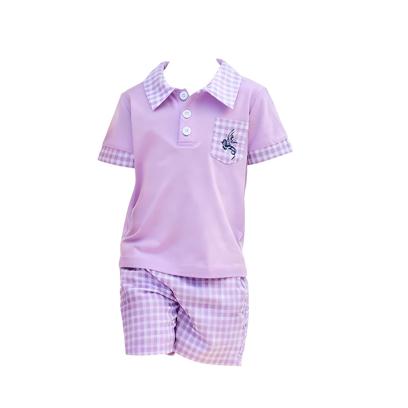 pre order purple plaid polo shorts set