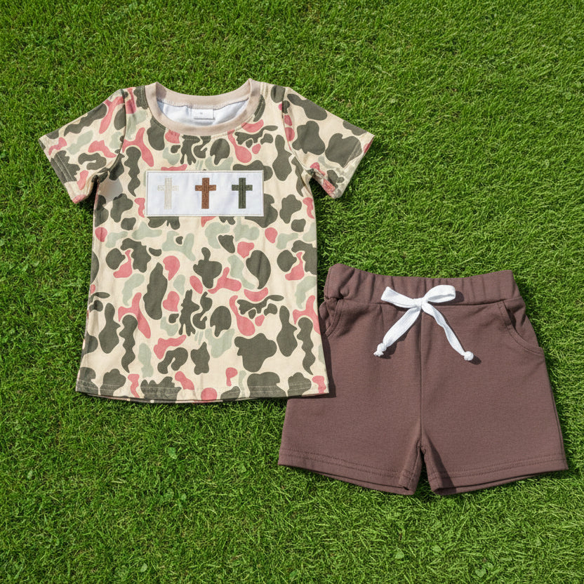 easter cross embroidery shorts set boy easter clothes