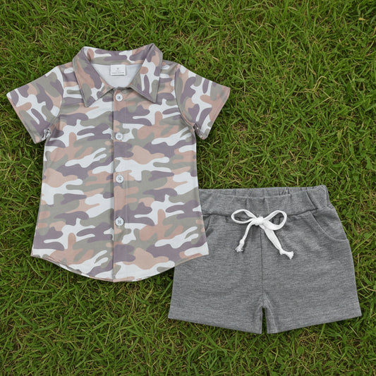 camo button t-shirt shorts set
