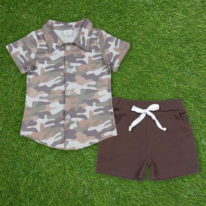 camo button t-shirt shorts set