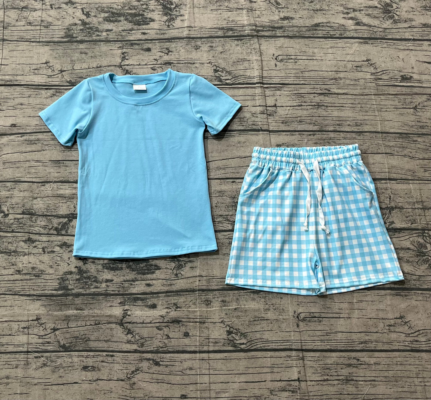 pre order blue gingham boy shorts set