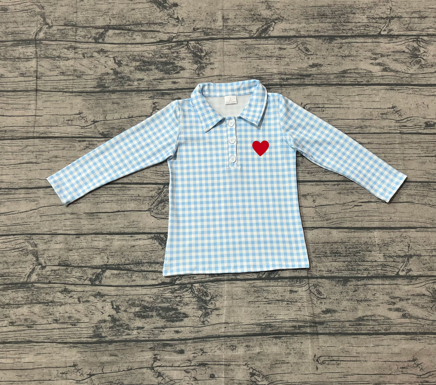 pre order red heart blue gingham boy long sleeve polo shirt (do embroidery)