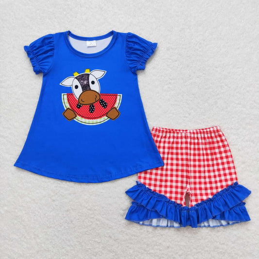 blue red cow and watermelon girl shorts summer outfit