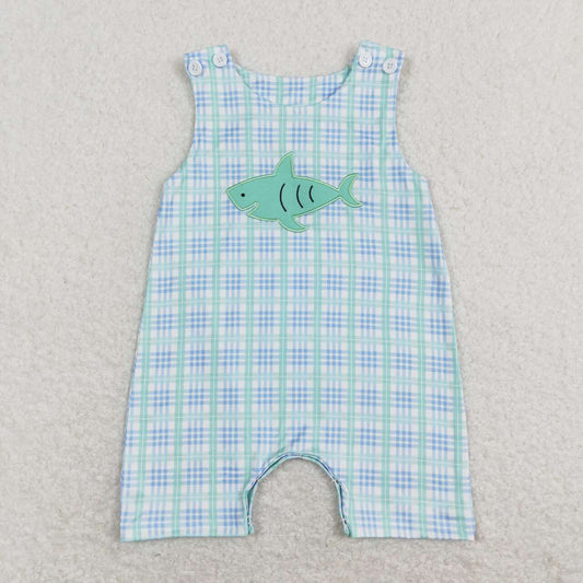baby boy shark embroidery plaid romper