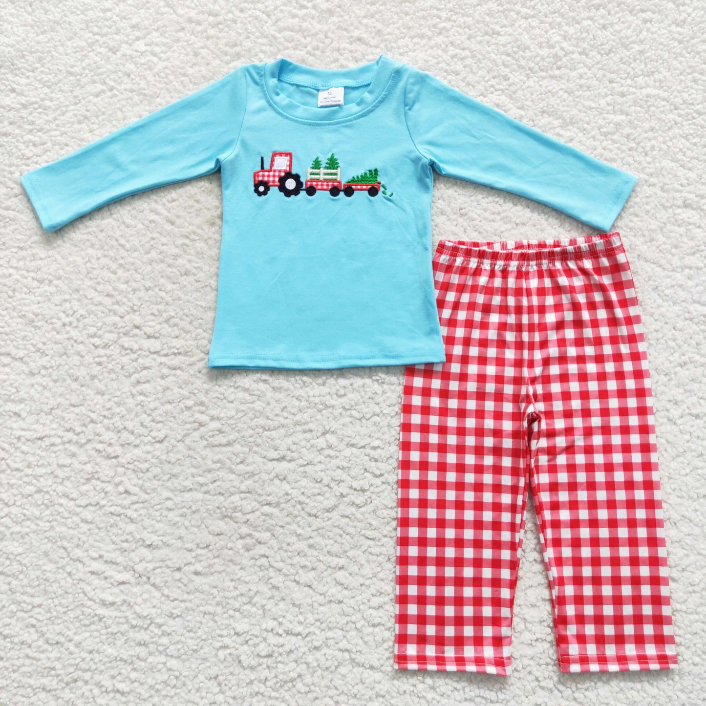 christmas tree truck embroidery red plaid straight pants set boys outfit