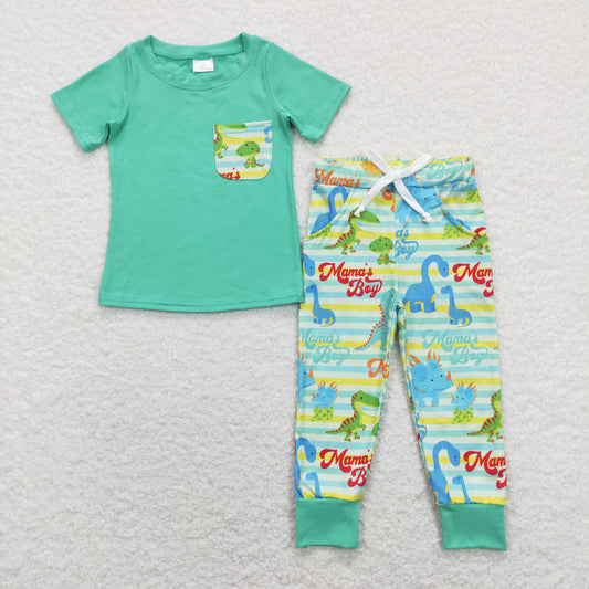 green mama's boy dinosaur pants set