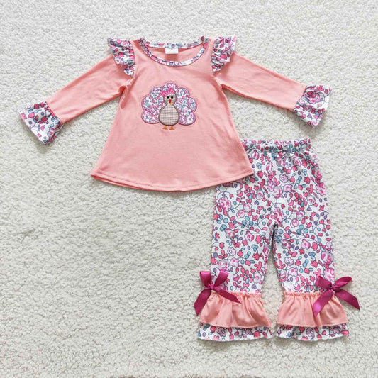 Girl thanksgiving day pink turkey embroidery floral ruffle pants set