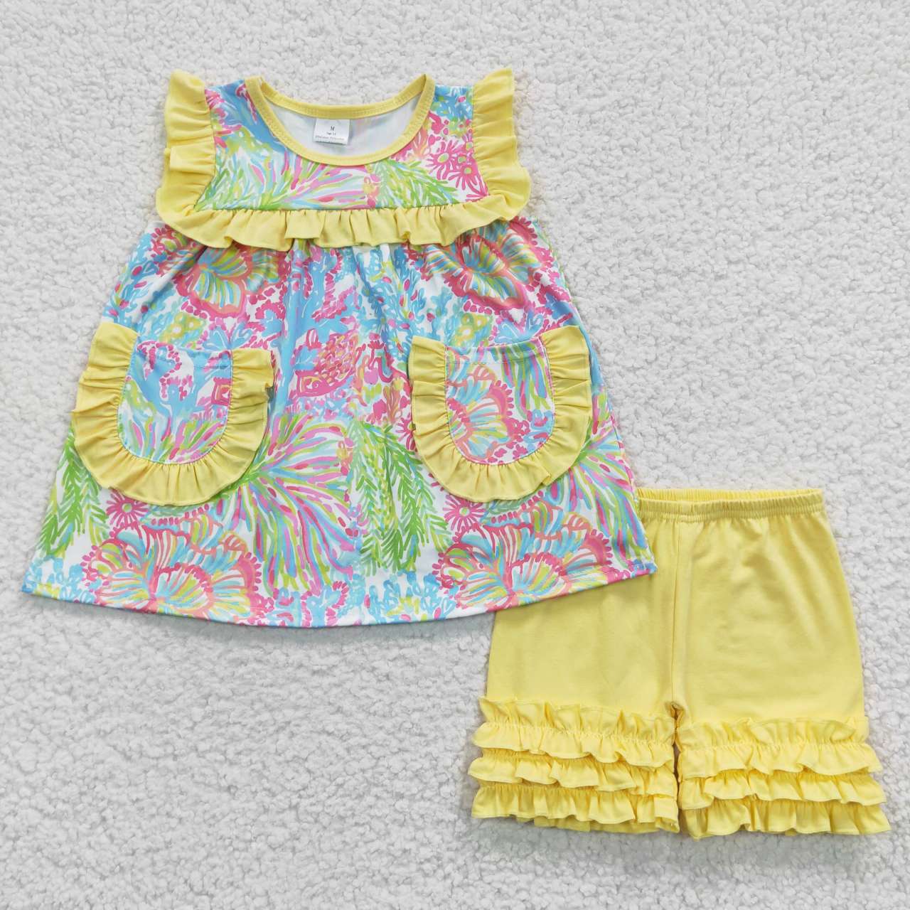 girl yellow ruffle shorts set with pocket