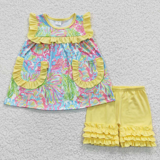 girl yellow ruffle shorts set with pocket