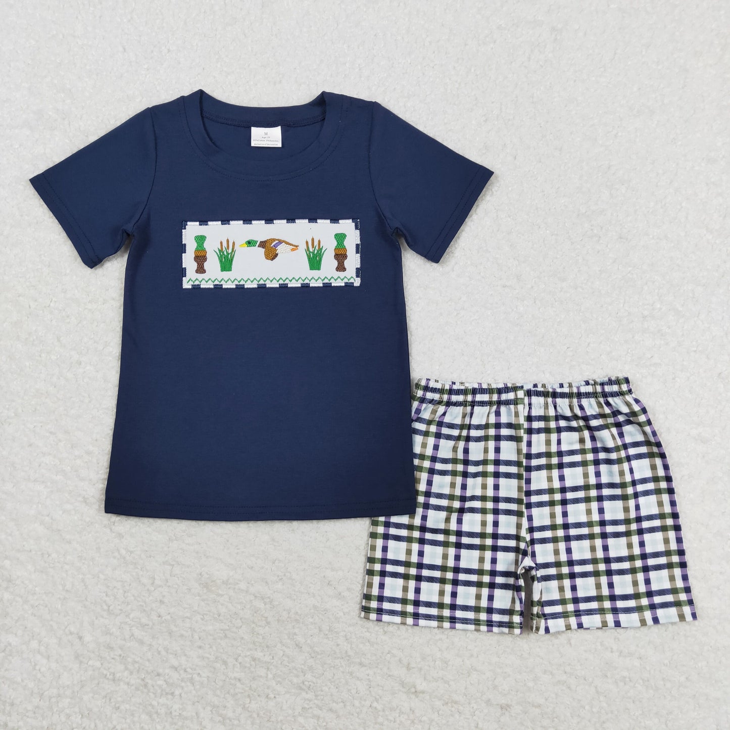 embroidery navy duck shirt plaid shorts outfit boy