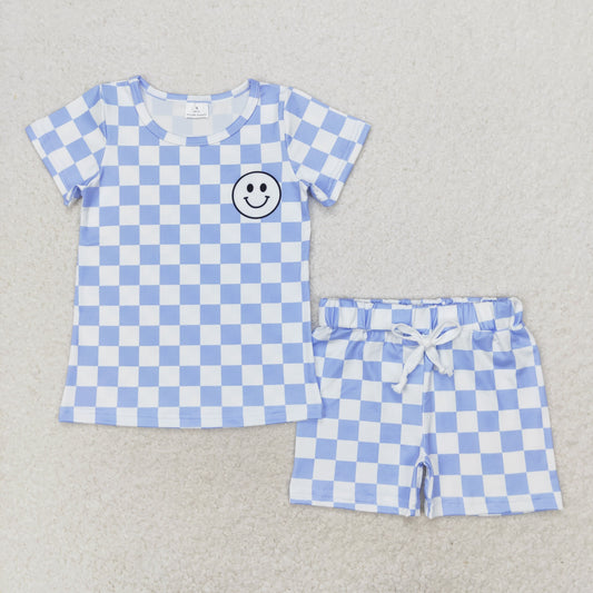 blue checkered shorts set with smiley print