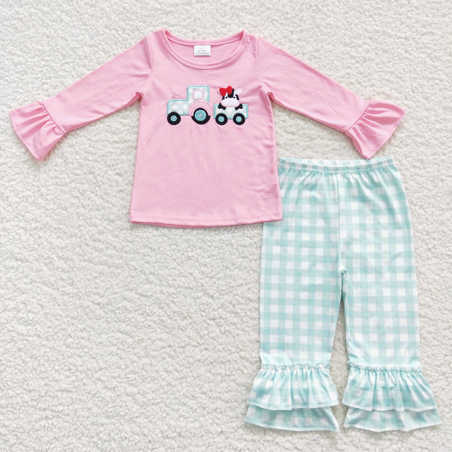 Pink truck embroidery plaid ruffle pants set girls fall clothing