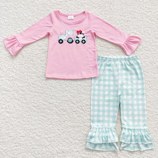 Pink truck embroidery plaid ruffle pants set girls fall clothing