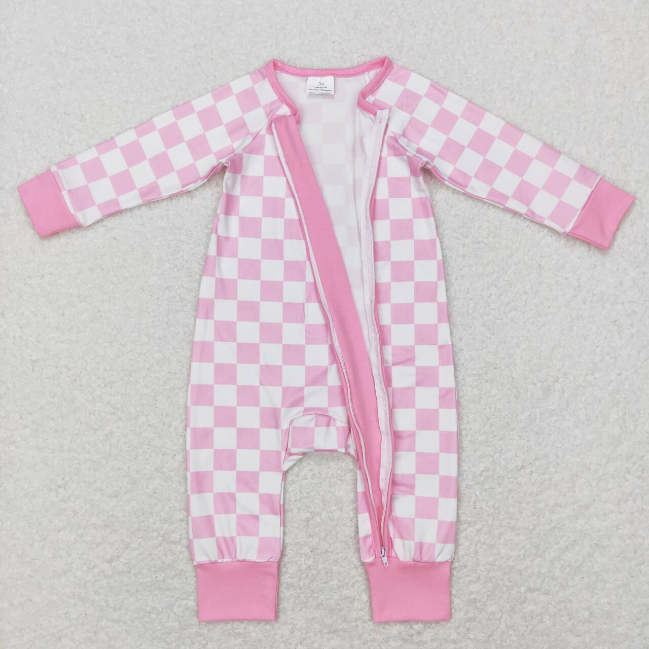 pink checkered baby girl zip sleeper