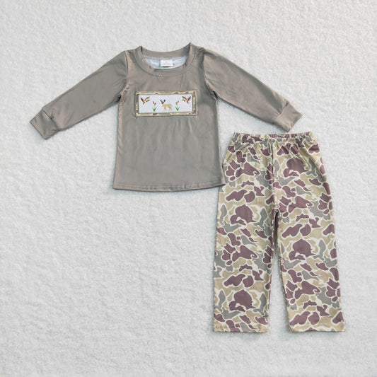 boy long sleeve embroidery outfit camo pants set