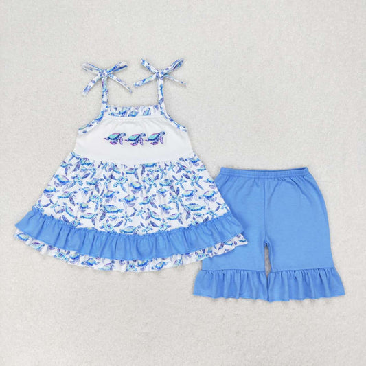 embroidery sea turtle shorts set girl blue