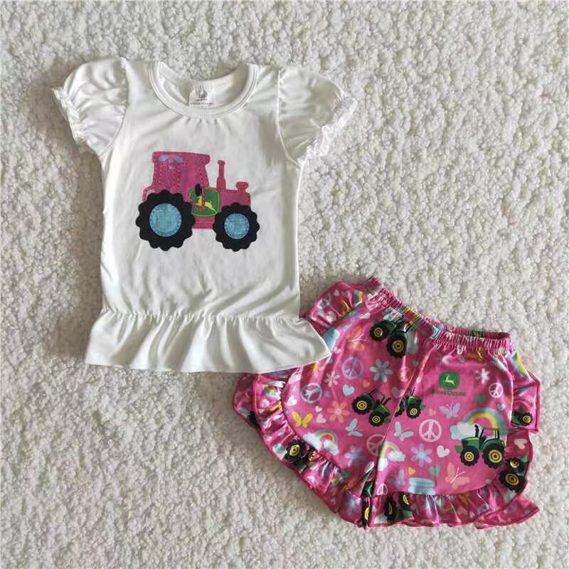 girl summer pink tractor shorts set