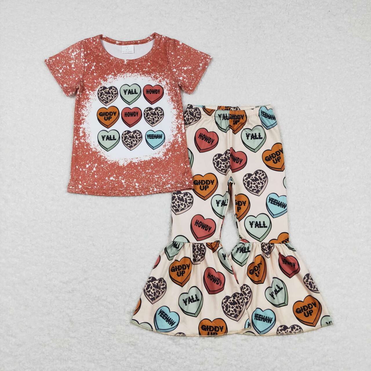 little girl short sleeve heart print bell bottom outfit