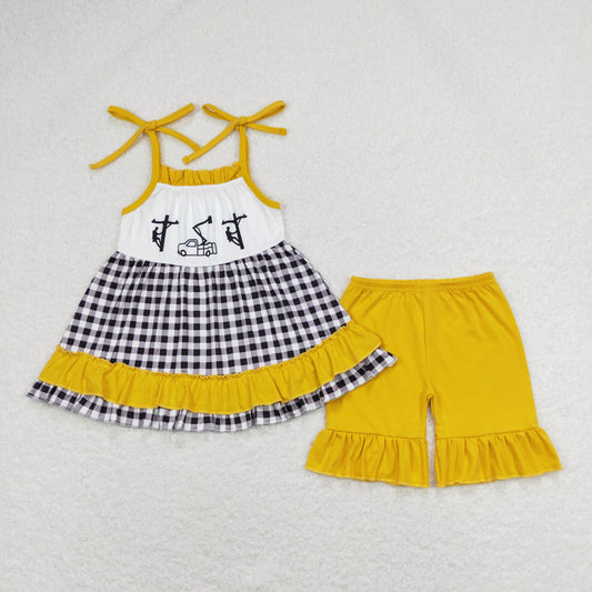 lineman baby girl strap shorts set yellow