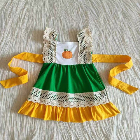 green yellow sleeveless pumpkin belt dress