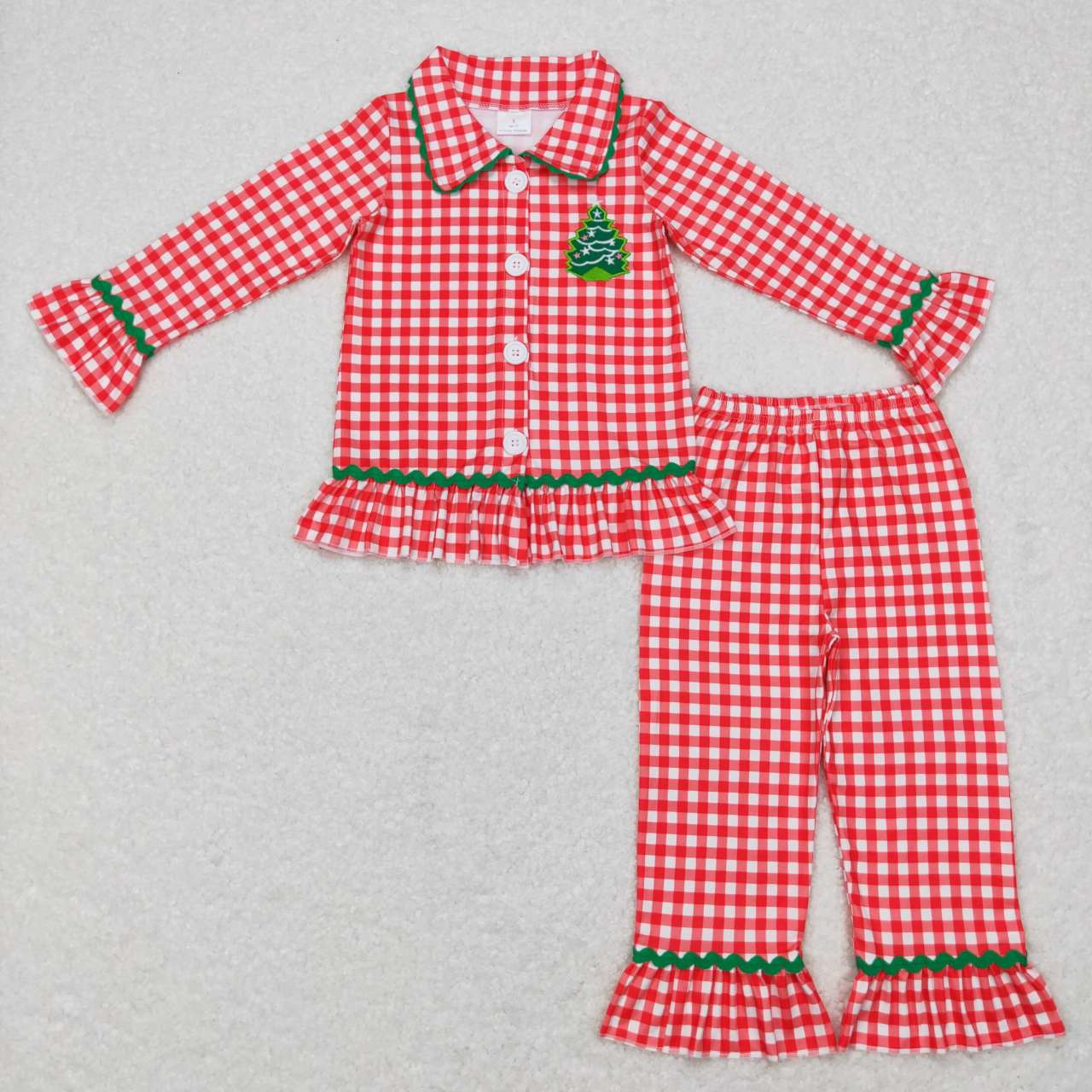 girl christmas tree embroidery red plaid ruffle pajama
