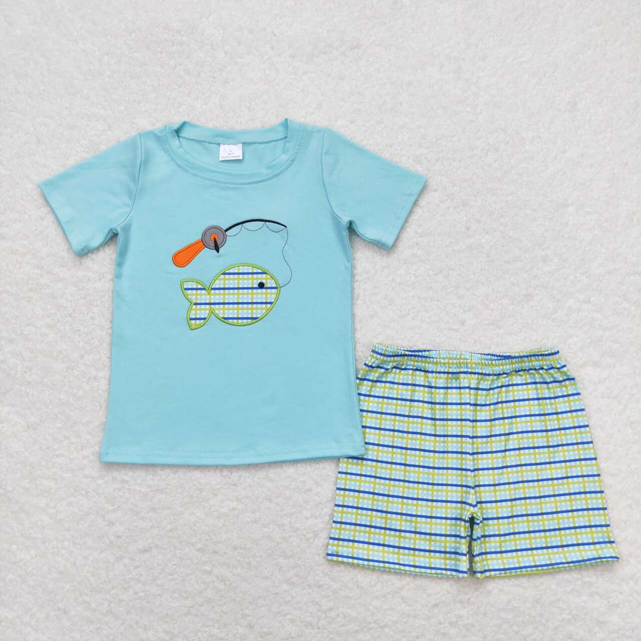 go fishing embroidery boys shorts set summer clothing